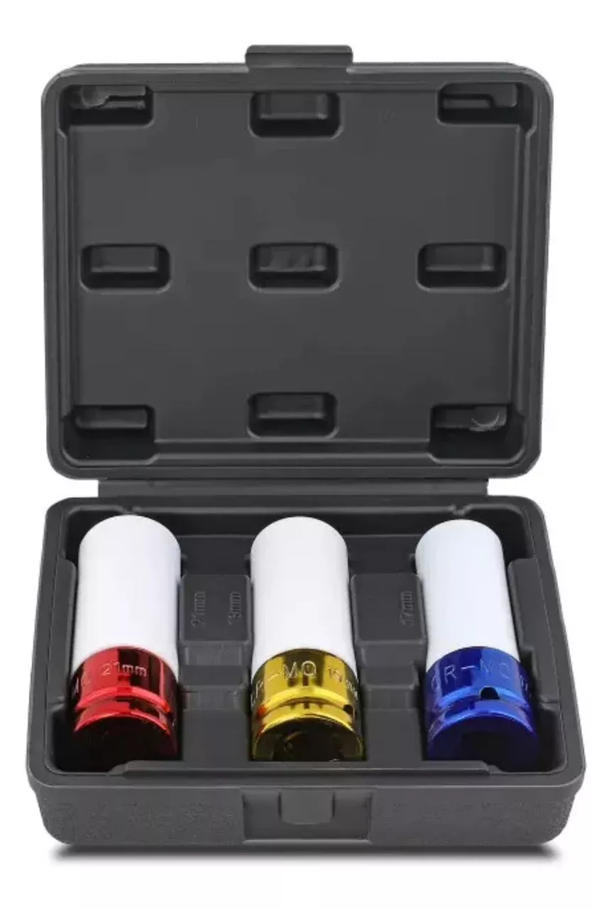 3 pc 1/2" Drive Metric Impact Lug Nut Socket Set Thin Wall 17 19 21 mm w/ Sleeve