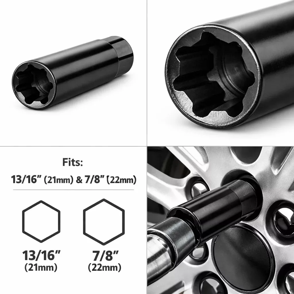 7-Spline Lug Nut Key – Steel Wheel Lock Tool 13/16″ & 7/8″ Hex
