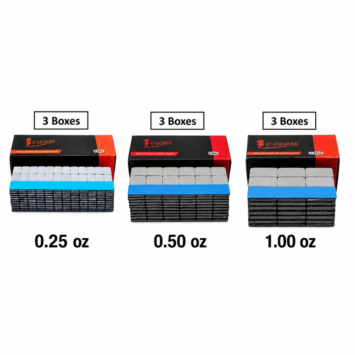 9 Boxes of 1/4 oz 1/2 oz 1 oz Stick on Wheel Weights Grey Coated Blue Tape