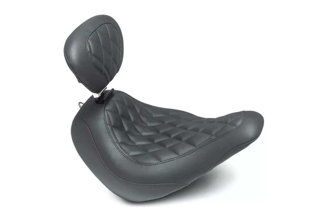 Mustang Wide Tripper Solo Seat with Driver Backrest for '18-Up Harley Davidson Low Rider/S & Sport Glide - Distressed Brown Diamond Stitch