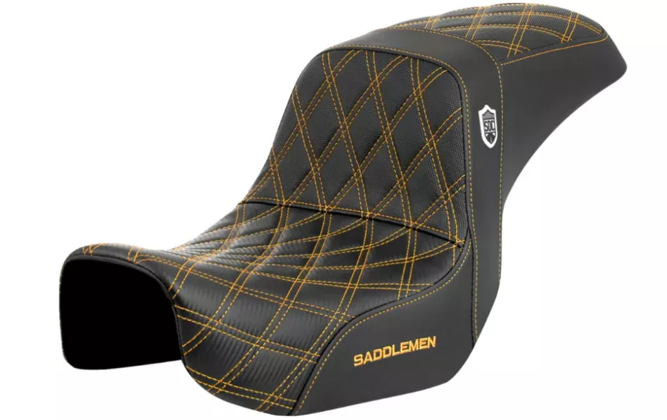 SADDLEMEN 0803-0727 SC80604GOL Pro Series SDC Performance Grip Seat- Carbon Fiber/Lumbar Gripper – Gold Stitch – Dyna ’06-’17