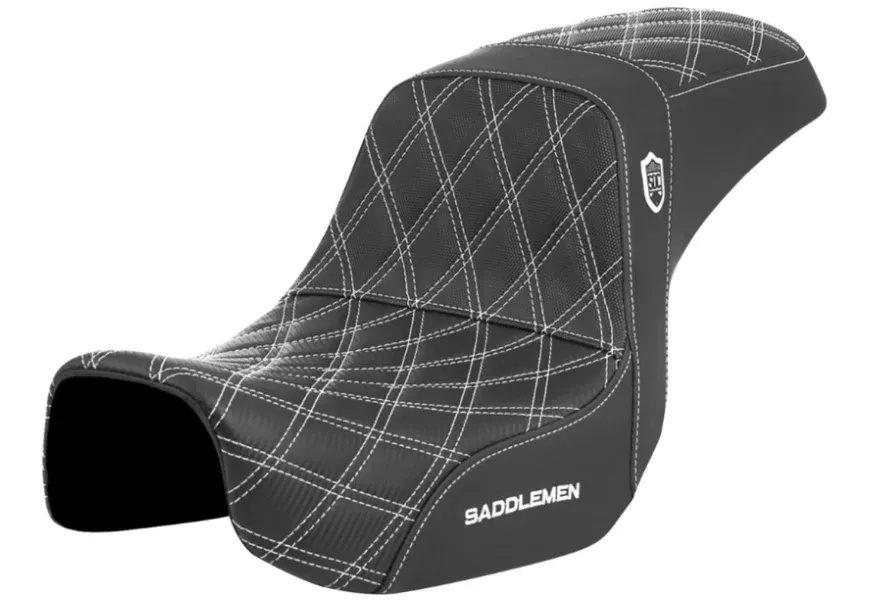 SADDLEMEN 0803-0729 SC80604WHT Pro Series SDC Performance Grip Seat- Carbon Fiber/Lumbar Gripper – White Stitch – Dyna ’06-’17