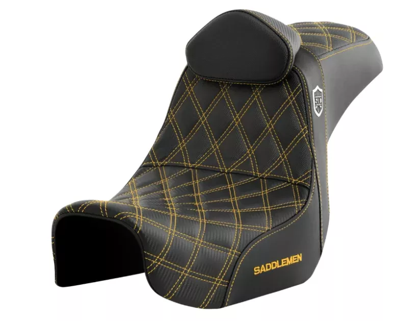 SADDLEMEN 0803-0736 SC80604GOLRT Pro Series SDC Performance Grip Seat with Backrest – Gold Stitch – Dyna ’06-’17