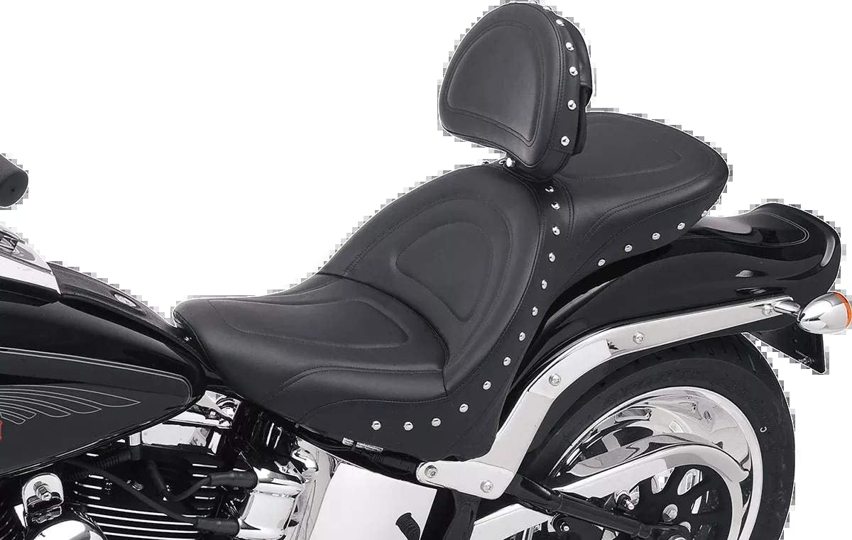 SADDLEMEN Explorer Special Seat with Backrest for Harley FL/FX 2000-2006 – Studded Design, Weather-Resistant Comfort