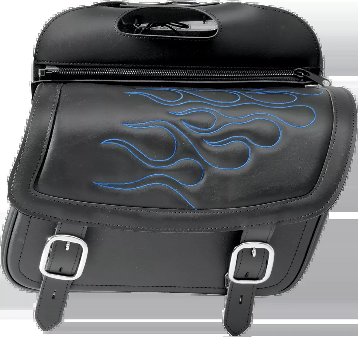 SADDLEMEN Flame Saddlebag – Blue Jumbo Model 3501-0774 with Dual Leather Straps and Lockable Buckles