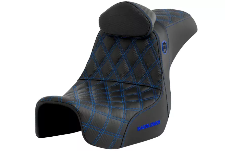 Saddlemen Pro Series SDC Performance Grip Seat With Backrest Blue Stitch - SC80604BLURT For Harley Motorcycles 2006-2017