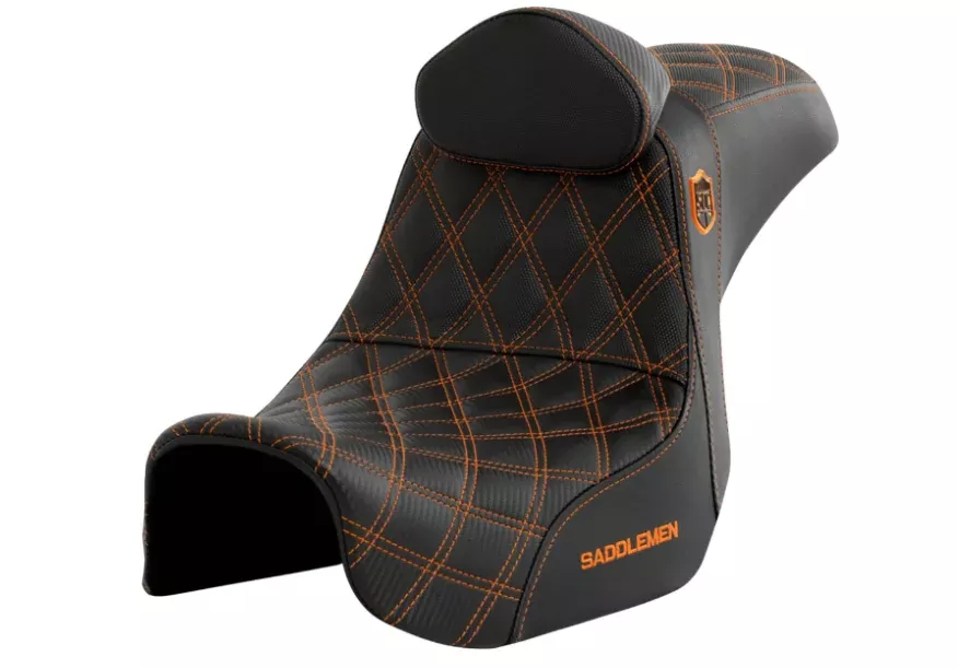 Saddlemen Pro Series SDC Performance Grip Seat With Backrest Orange Stitch - SC80604ORART For Harley Motorcycles 2006-2017
