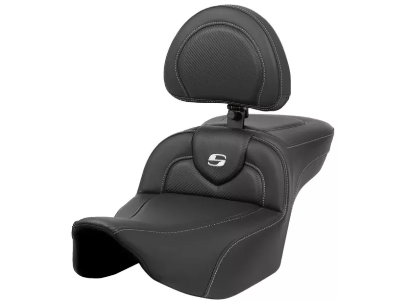 Saddlemen Roadsofa Extended Reach Seat Carbon Fiber Silver Stitch Silver Logo With Backrest - 823-07-186BR For Harley Touring 2023-2026