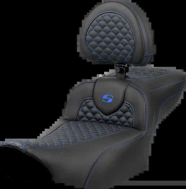 Saddlemen Roadsofa Extended Reach Seat - Dragon Scale Stitch - Blue Stitch - w/ Backrest - FLTR/FLHX '23-'24 - 823-07-209B1