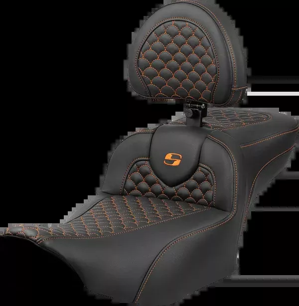Saddlemen Roadsofa Extended Reach Seat - Dragon Scale Stitch - Orange Stitch - w/ Backrest - FLT/FLH '23-'24 - 823-07-209B3