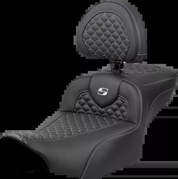 Saddlemen Roadsofa Extended Reach Seat - Dragon Scale Stitch - Silver Stitch - w/ Backrest - FLT/FLH '23-'24 - 823-07-209B5