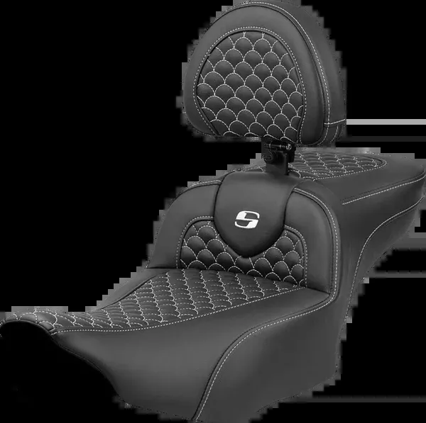 Saddlemen Roadsofa Extended Reach Seat - Dragon Scale Stitch - White Stitch - w/ Backrest - FLTR/FLHX '23-'24 - 823-07-209B6