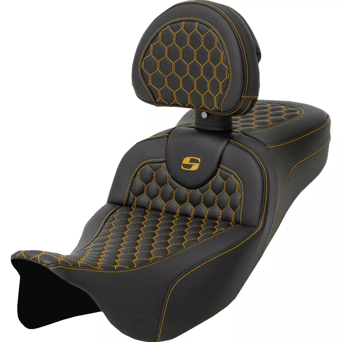 Saddlemen Roadsofa Extended Reach Seat Honeycomb Gold Stitch With Backrest - 808-07B-190B7 For Harley Touring 2008-2025