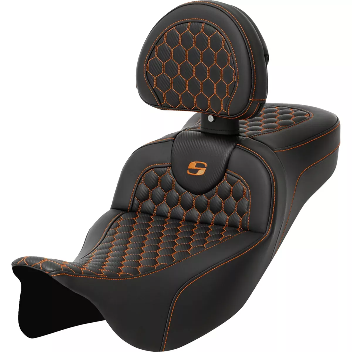 Saddlemen Roadsofa Extended Reach Seat Honeycomb Orange Stitch With Backrest - 808-07B-190B3 For Harley Touring 2008-2025