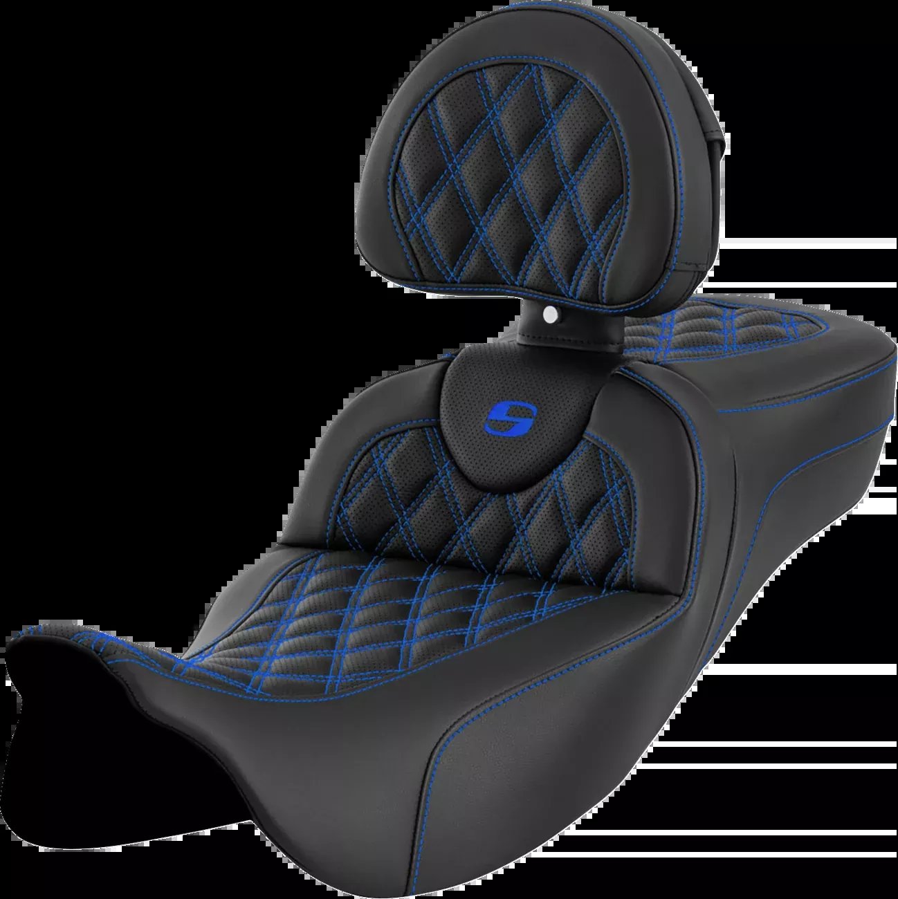 Saddlemen Roadsofa Extended Reach Seat Lattice Stitch Blue Stitch With Backrest - 808-07B-184B1 For Harley Touring 2008-2025