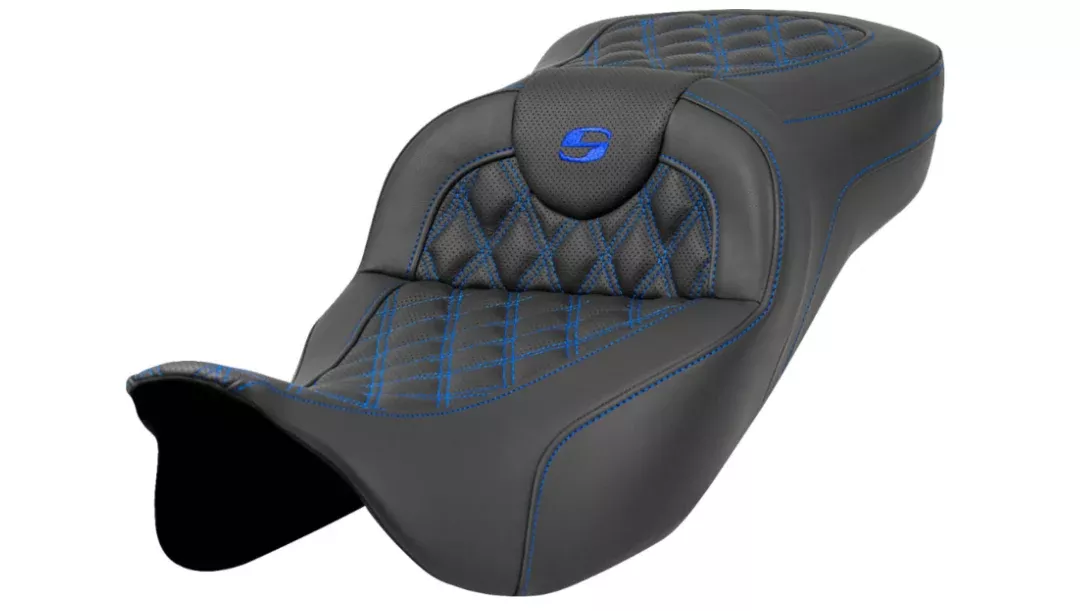 Saddlemen Roadsofa Extended Reach Seat Lattice Stitch Blue Stitch Without Backrest - 808-07B-18401 For Harley Touring 2008-2025