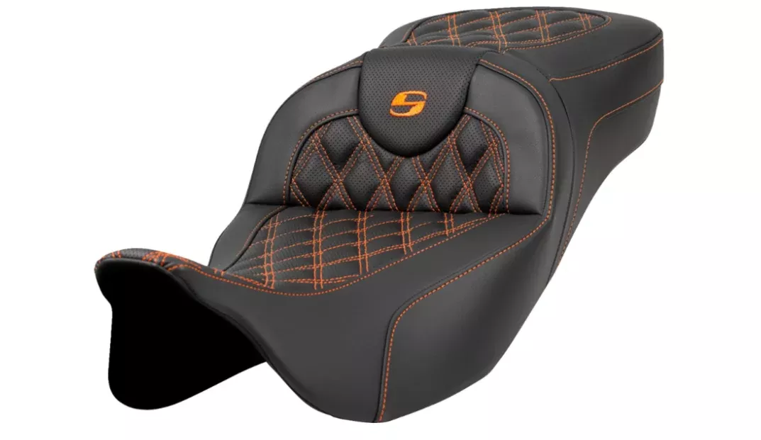 Saddlemen Roadsofa Extended Reach Seat Lattice Stitch Orange Stitch Without Backrest - 808-07B-18403 For Harley Touring 2008-2025