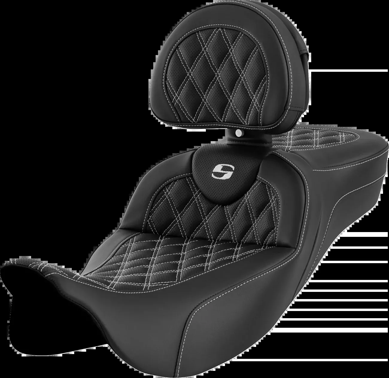 Saddlemen Roadsofa Extended Reach Seat Lattice Stitch White Stitch With Backrest - 808-07B-184B6 For Harley Touring 2008-2025
