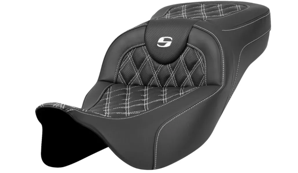 Saddlemen Roadsofa Extended Reach Seat Lattice Stitch White Stitch Without Backrest - 808-07B-18406 For Harley Touring 2008-2025