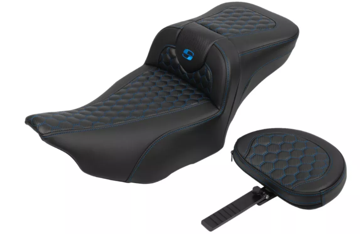 Saddlemen Roadsofa Extended Reach Seat With Backrest Honeycomb Blue Stitch - 823-07-190B1 For Harley Touring 2023-2026