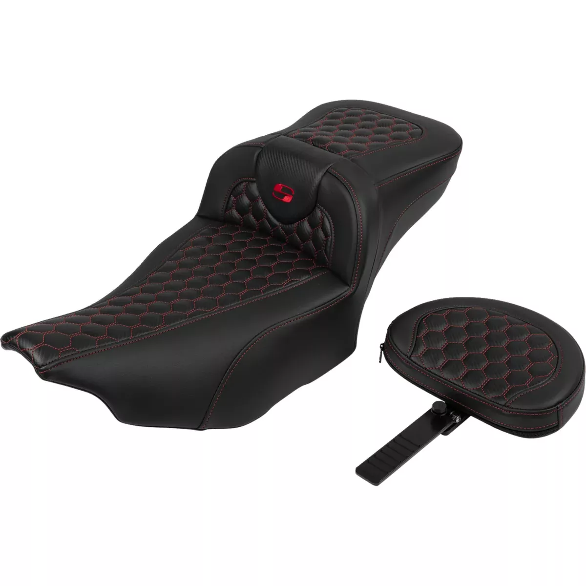 Saddlemen Roadsofa Extended Reach Seat With Backrest Honeycomb Red Stitch – 823-07-190B4 For Harley Touring 2023-2026