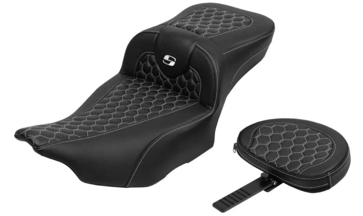 Saddlemen Roadsofa Extended Reach Seat With Backrest Honeycomb White Stitch - 823-07-190B6 For Harley Touring 2023-2026