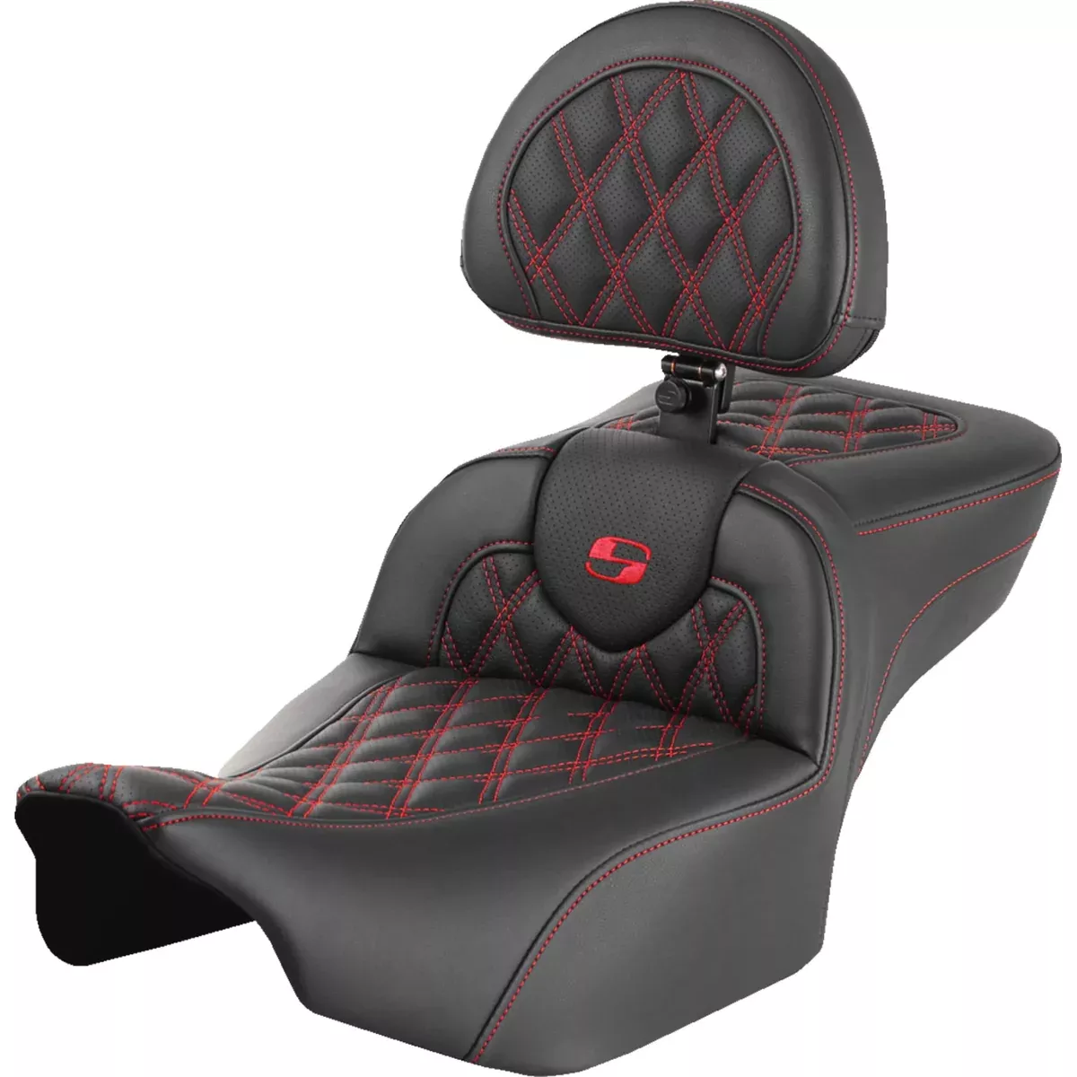 Saddlemen Roadsofa Extended Reach Seat With Backrest Lattice Stitch Red Stitch - 823-07-207B4 For Harley Touring 2023-2026