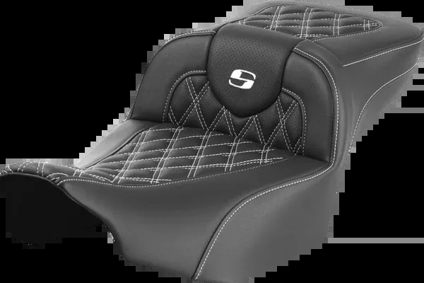 Saddlemen Roadsofa Extended Reach Seat Without Backrest Lattice Stitch White Stitch - 823-07-20706 For Harley Touring 2023-2026