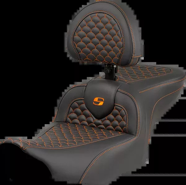 Saddlemen Roadsofa Seat - Dragon Scale Stitch - Orange Stitch - w/ Backrest - FLTR/FLHX '23-'24 - 823-07-208B3