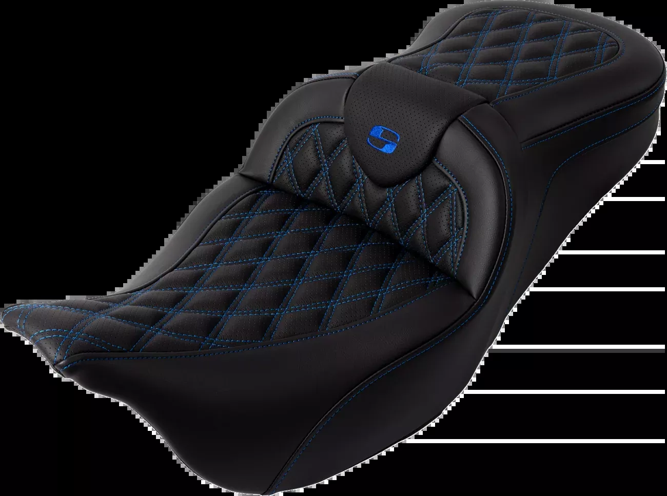 SADDLEMEN Roadsofa™ Seat with Backrest for FL 2008-2023 - Blue Stitch, Part #808-07B-182B1