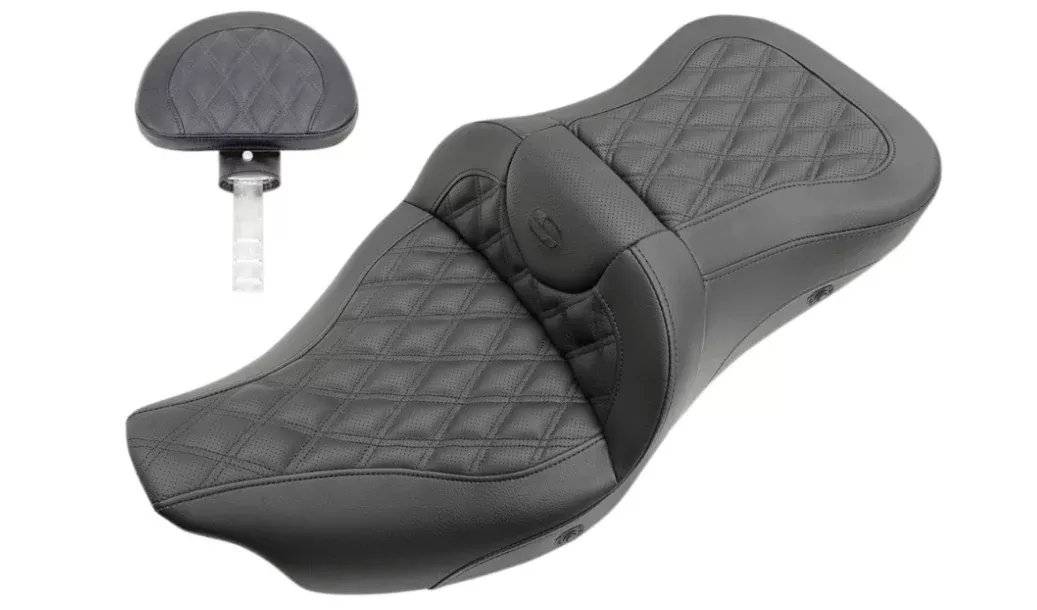 Saddlemen Roadsofa Standard Reach Seat Heated Full Lattice Stitch With Backrest Black - 808-07B-182TBRH For Harley Touring 2008-2025