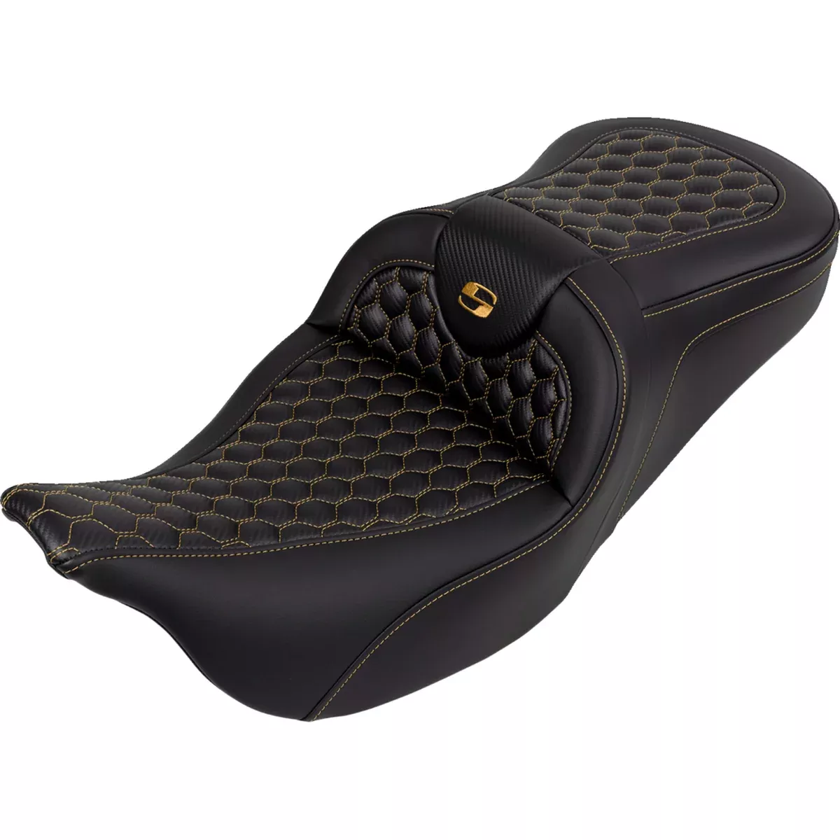 Saddlemen Roadsofa Standard Reach Seat Honeycomb Gold Stitch Without Backrest – 808-07B-18907 For Harley Touring 2008-2023