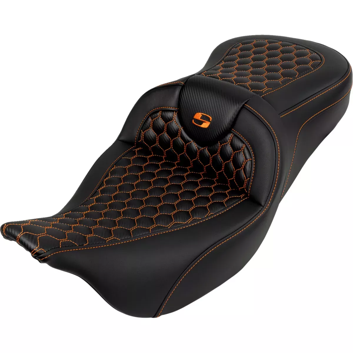 Saddlemen Roadsofa Standard Reach Seat Honeycomb Orange Stitch Without Backrest – 808-07B-18903 For Harley Touring 2008-2025