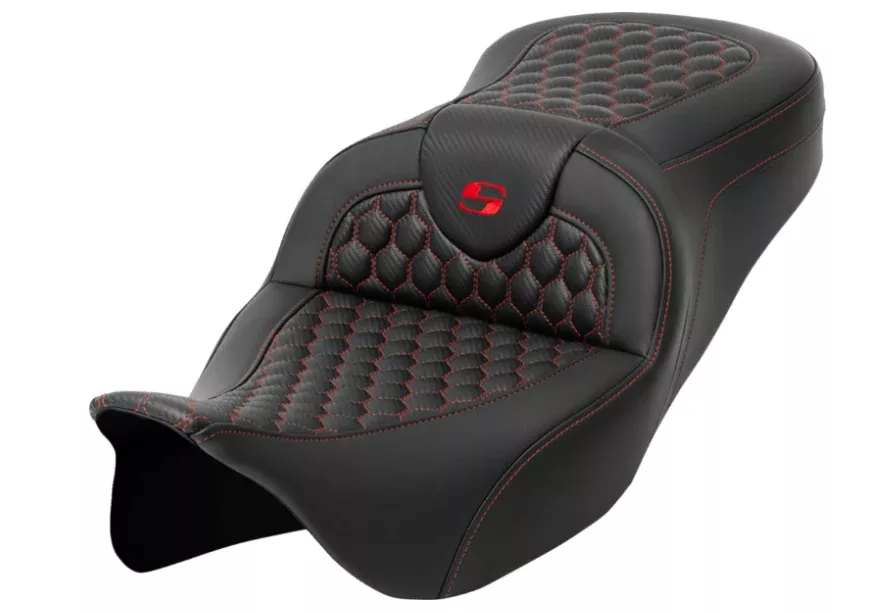 Saddlemen Roadsofa Standard Reach Seat Honeycomb Red Stitch Without Backrest - 808-07B-18904 For Harley Touring 2008-2025