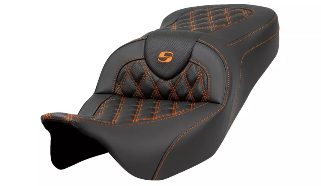 Saddlemen Roadsofa Standard Reach Seat Lattice Stitch Orange Stitch Without Backrest – 808-07B-18203 For Harley Touring 2008-2025