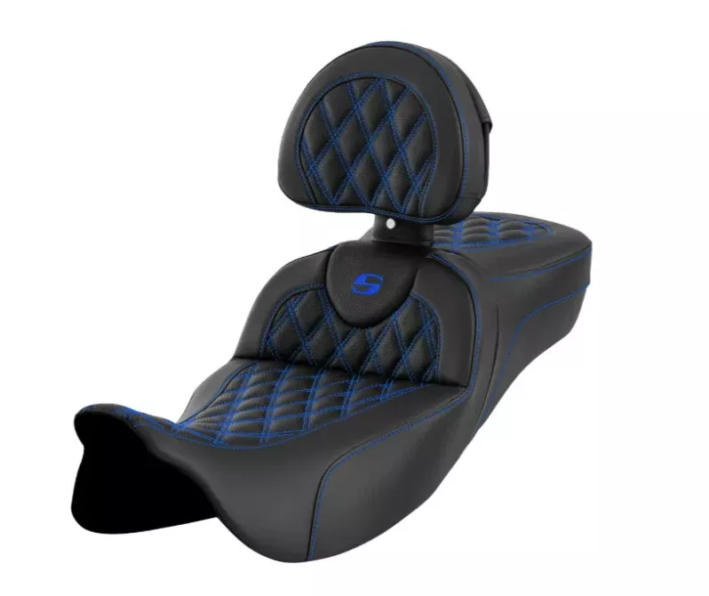 Saddlemen Roadsofa Standard Reach Seat With Backrest Blue Stitch - 808-07B-182B1 For Harley Touring 2008-2025