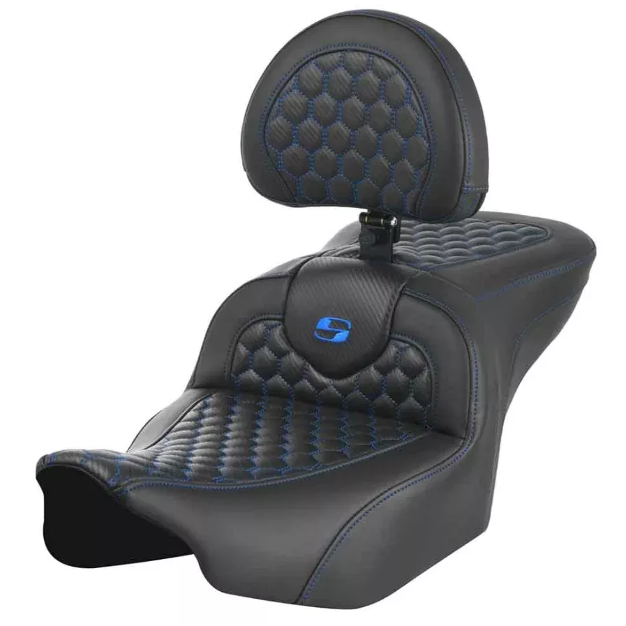 Saddlemen Roadsofa Standard Reach Seat With Backrest Honeycomb Blue Stitch - 823-07-189B1 For Harley Touring 2023-2026