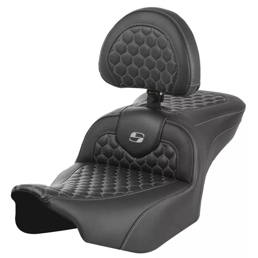 Saddlemen Roadsofa Standard Reach Seat With Backrest Honeycomb Gray Stitch - 823-07-189B2 For Harley Touring 2023-2026