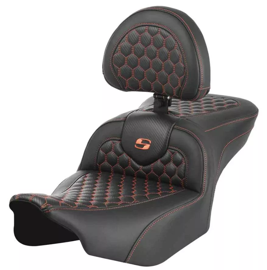 Saddlemen Roadsofa Standard Reach Seat With Backrest Honeycomb Orange Stitch – 823-07-189B3 For Harley Touring 2023-2026