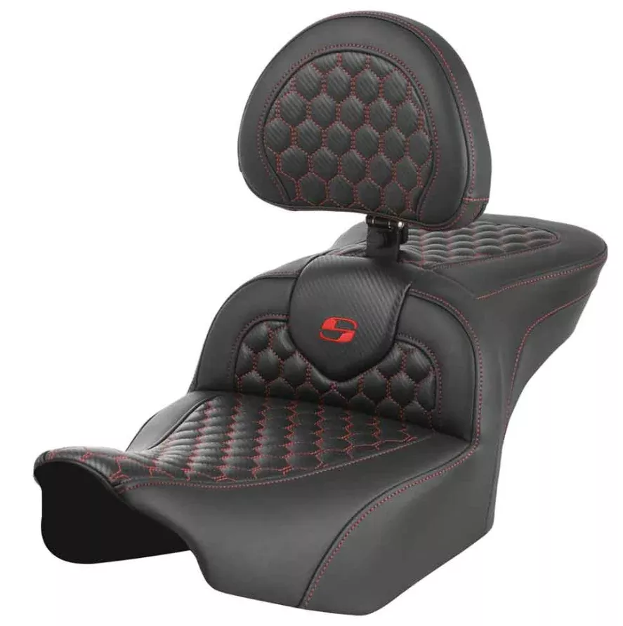 Saddlemen Roadsofa Standard Reach Seat With Backrest Honeycomb Red Stitch – 823-07-189B4 For Harley Touring 2023-2026