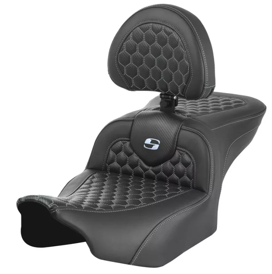 Saddlemen Roadsofa Standard Reach Seat With Backrest Honeycomb Silver Stitch – 823-07-189B5 For Harley Touring 2023-2026