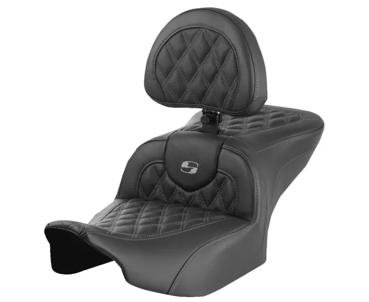 Saddlemen Roadsofa Standard Reach Seat With Backrest Lattice Stitch Gray Stitch - 823-07-182B2 For Harley Touring 2023-2026
