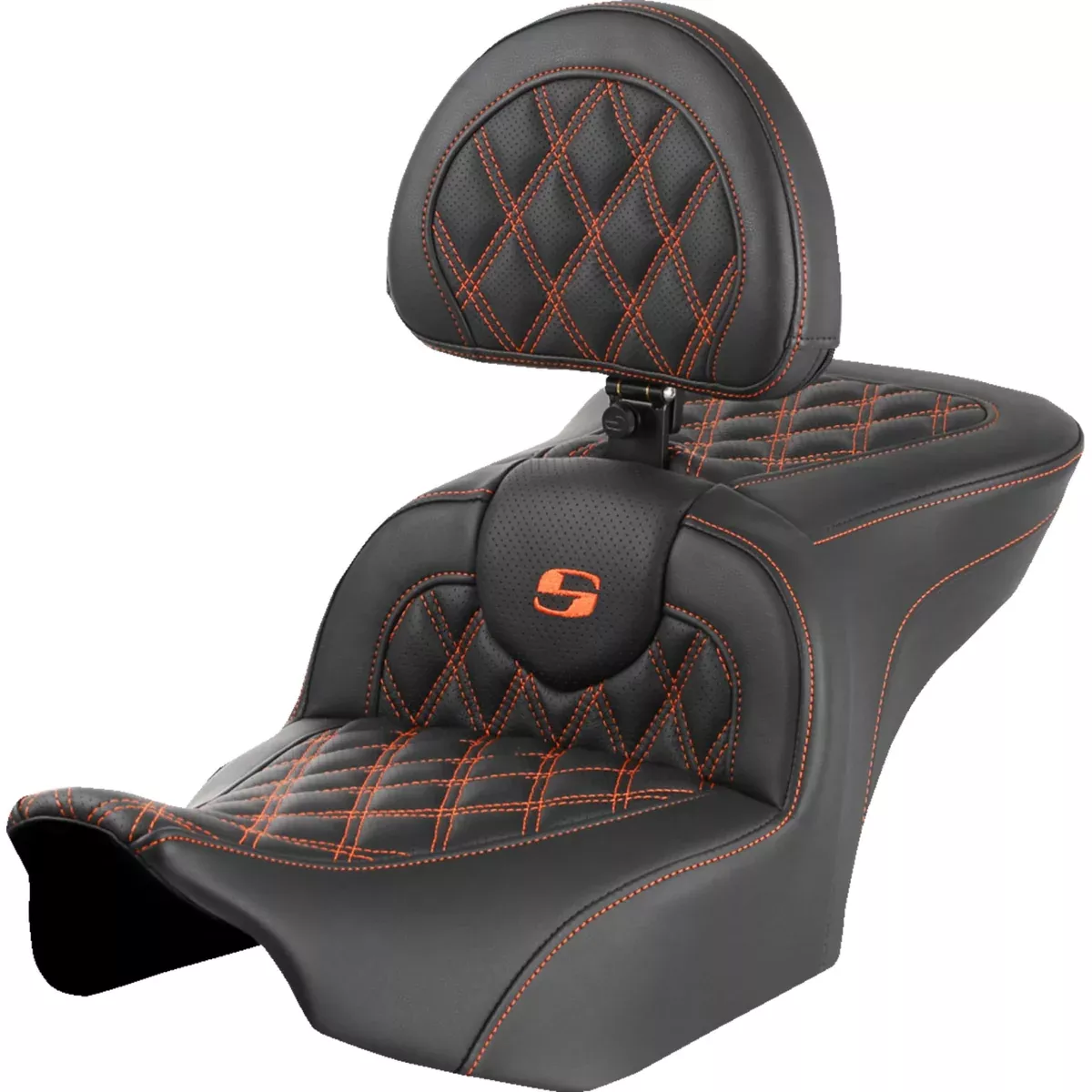 Saddlemen Roadsofa Standard Reach Seat With Backrest Lattice Stitch Orange Stitch – 823-07-182B3 For Harley Touring 2023-2026