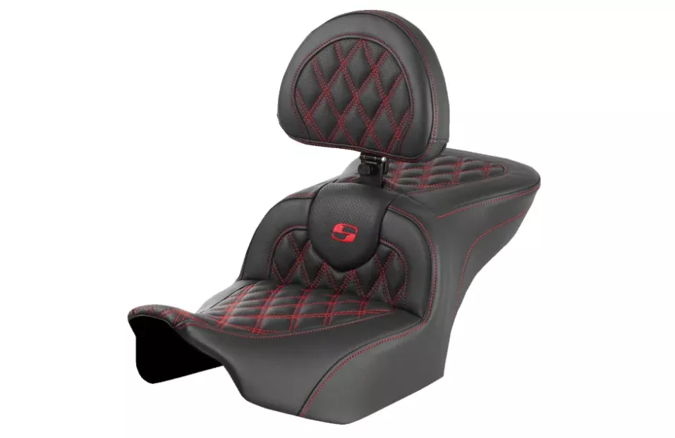 Saddlemen Roadsofa Standard Reach Seat With Backrest Lattice Stitch Red Stitch - 823-07-182B4 For Harley Touring 2023-2026