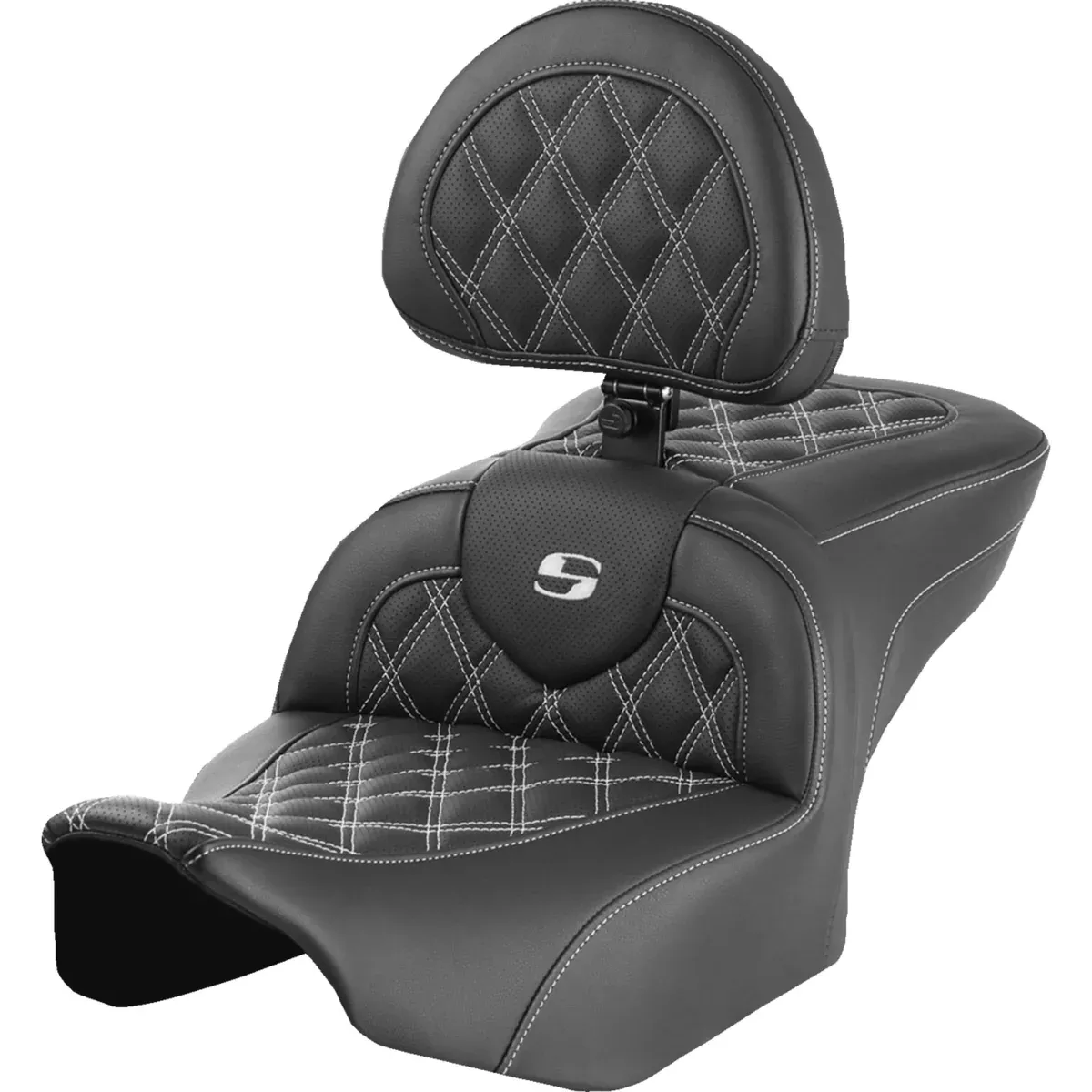 Saddlemen Roadsofa Standard Reach Seat With Backrest Lattice Stitch White Stitch – 823-07-182B6 For Harley Touring 2023-2026