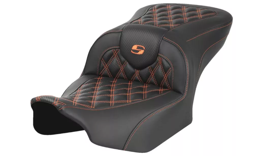Saddlemen Roadsofa Standard Reach Seat Without Backrest Carbon Fiber Orange Stitch FL FX - 823-07-20603 For Harley Touring 2023-2026