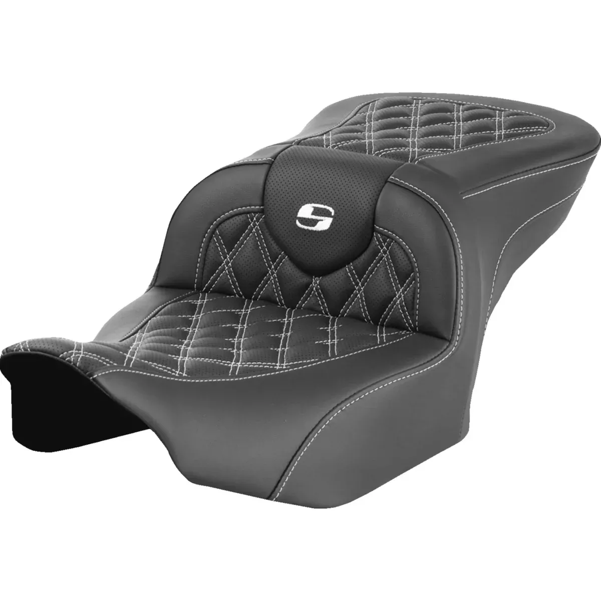 Saddlemen Roadsofa Standard Reach Seat Without Backrest Lattice Stitch White Stitch – 823-07-18206 For Harley Touring 2023-2026