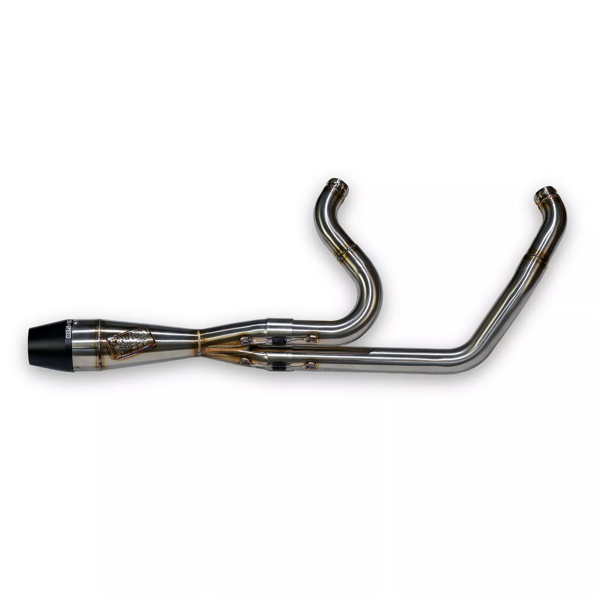 SAWICKI – INTMDTR M8 SOFTAIL SHORTY BRUSHED SS W/BLACK END CAP – 930-02620