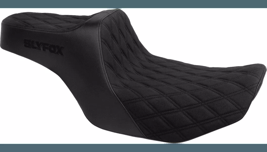 Slyfox High Noon Double Diamond Seat for '24-Up Harley Davidson Steet Glide, Road Glide and '23-24 CVO FLHXSE, CVO FLTRSE Models - Black Logo/Black Stitch