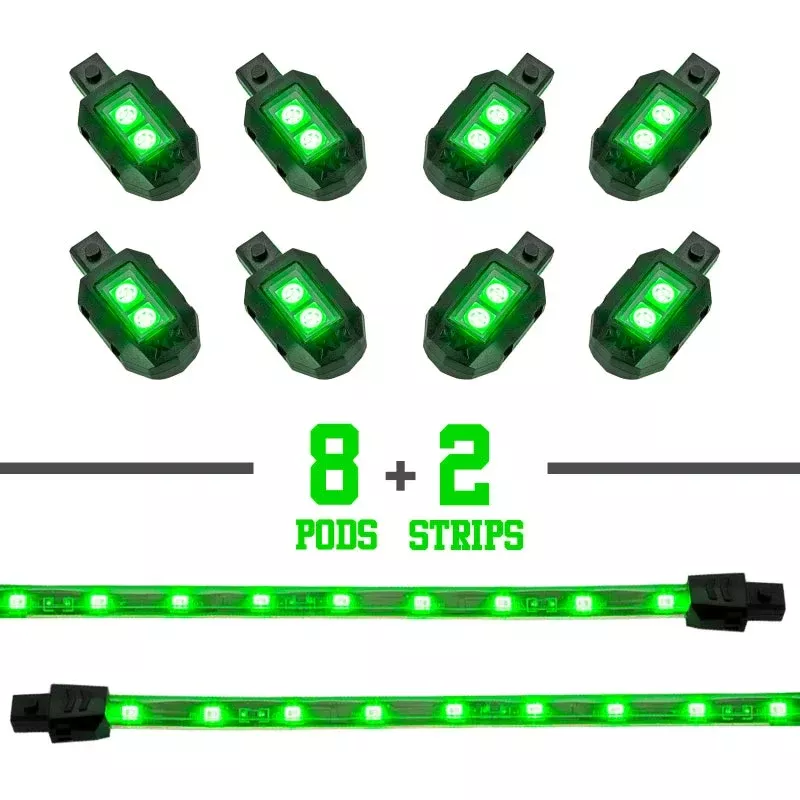 XKGLOW Strips Single Color XKGLOW LED Accent Light Kit Green – 8xPod + 2x8In fits Motorcycle